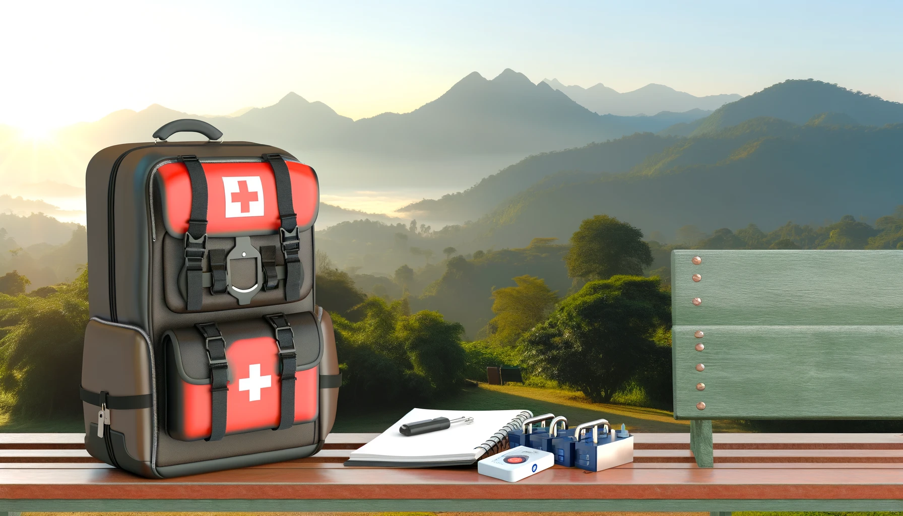 A well-packed traveler's backpack with safety essentials like a first-aid kit, travel locks, and portable charger placed on a bench overlooking a peaceful mountain landscape.