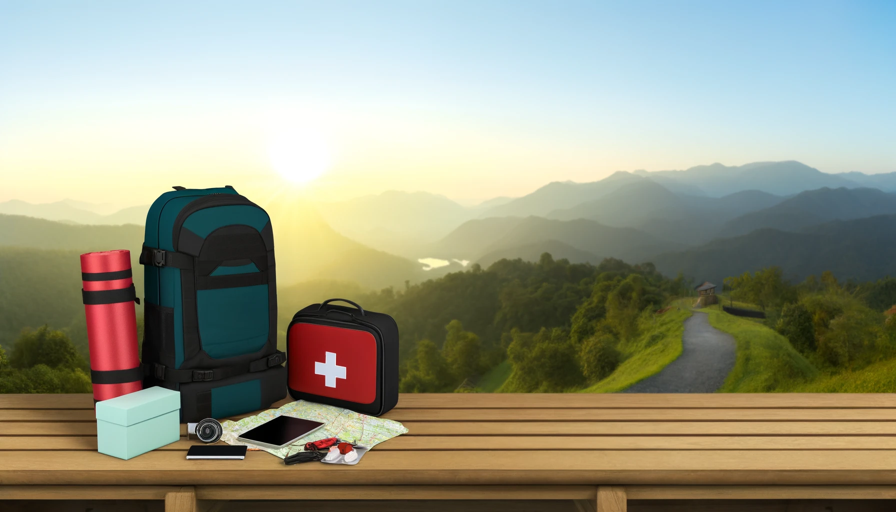 a calm, empty train station platform with a traveler's suitcase equipped with safety tools like travel locks, a portable charger, and a small first-aid kit resting beside it.