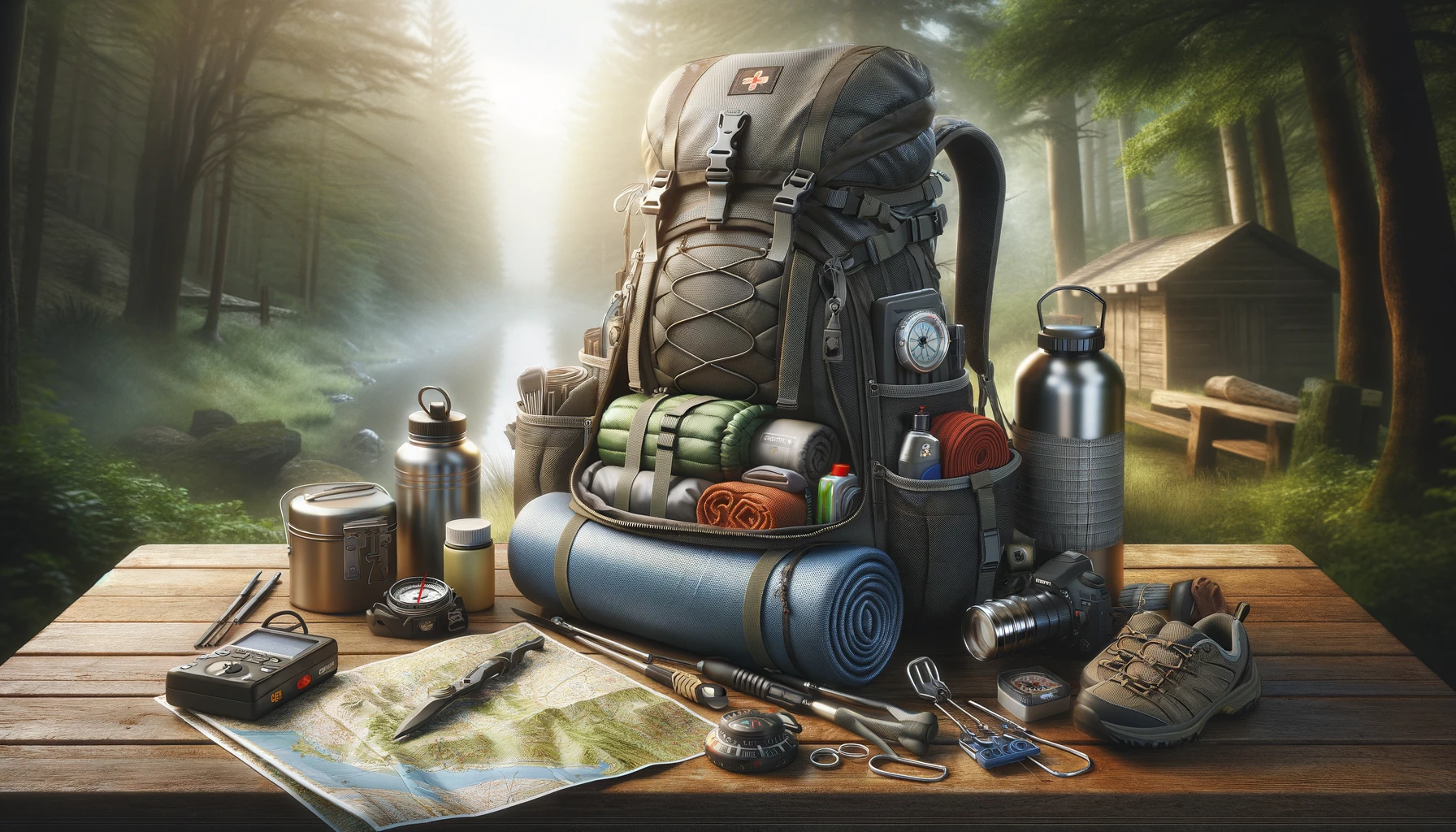 The essence of backpacking for beginners, showing a beginner's backpack laid out on a wooden surface.