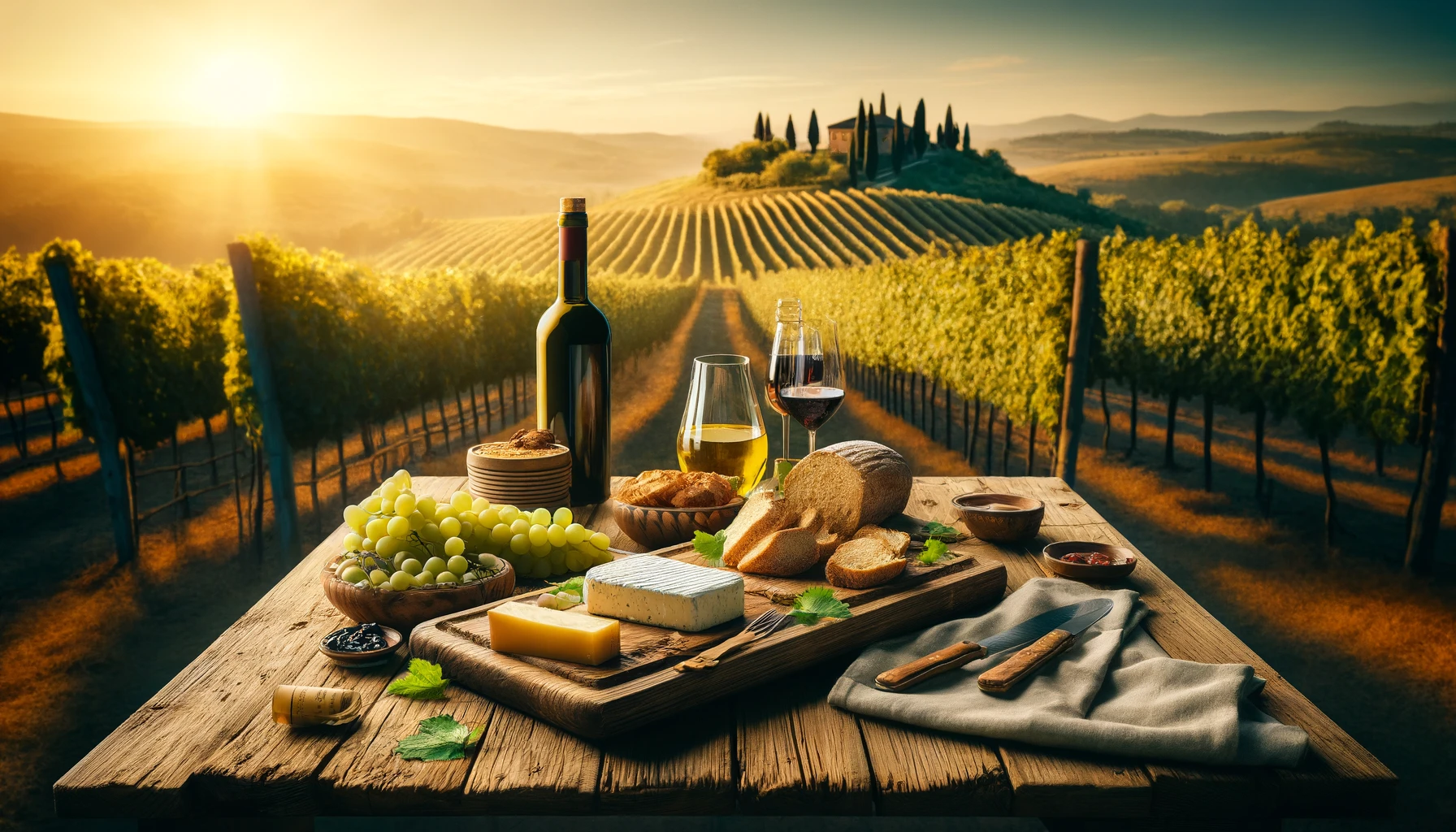 The essence of culinary journeys, featuring a traditional Tuscan vineyard with grapevines stretching towards the horizon under the golden light of sunset.