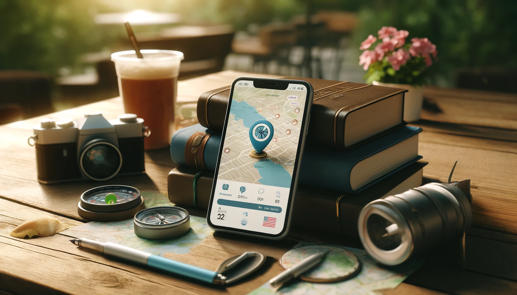 A digital map is displayed on a smartphone screen placed on a table, surrounded by various travel essentials like a passport, a compass, and a travel guidebook.