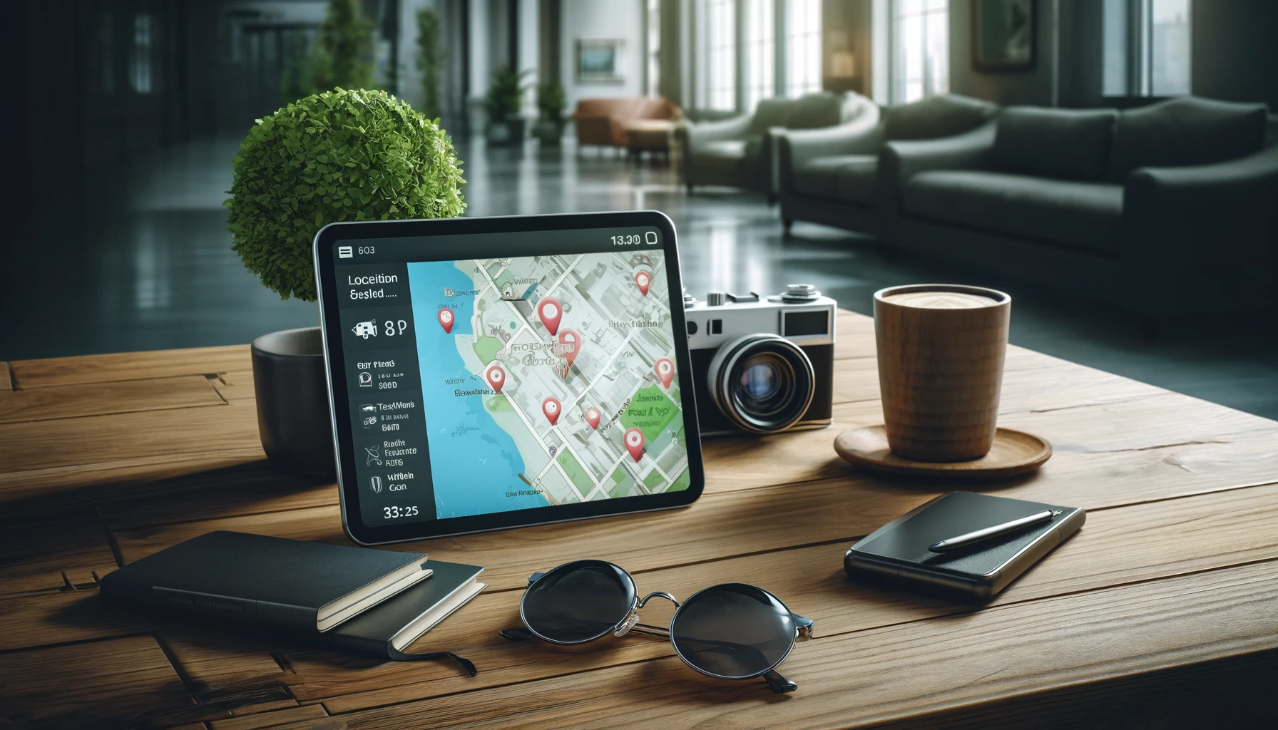 A digital tablet on a wooden surface is displaying a group travel itinerary with detailed maps and real-time location updates.