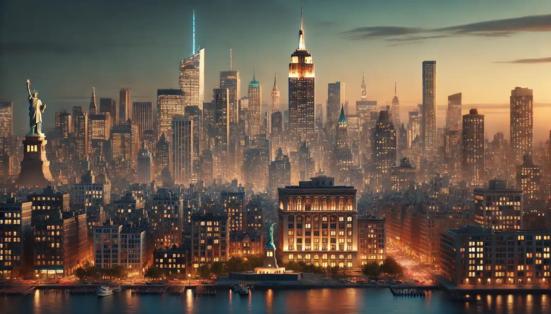 A picture of New York City at dusk, featuring the illuminated Empire State Building, Statue of Liberty, and a vibrant cityscape under a warm, hazy glow