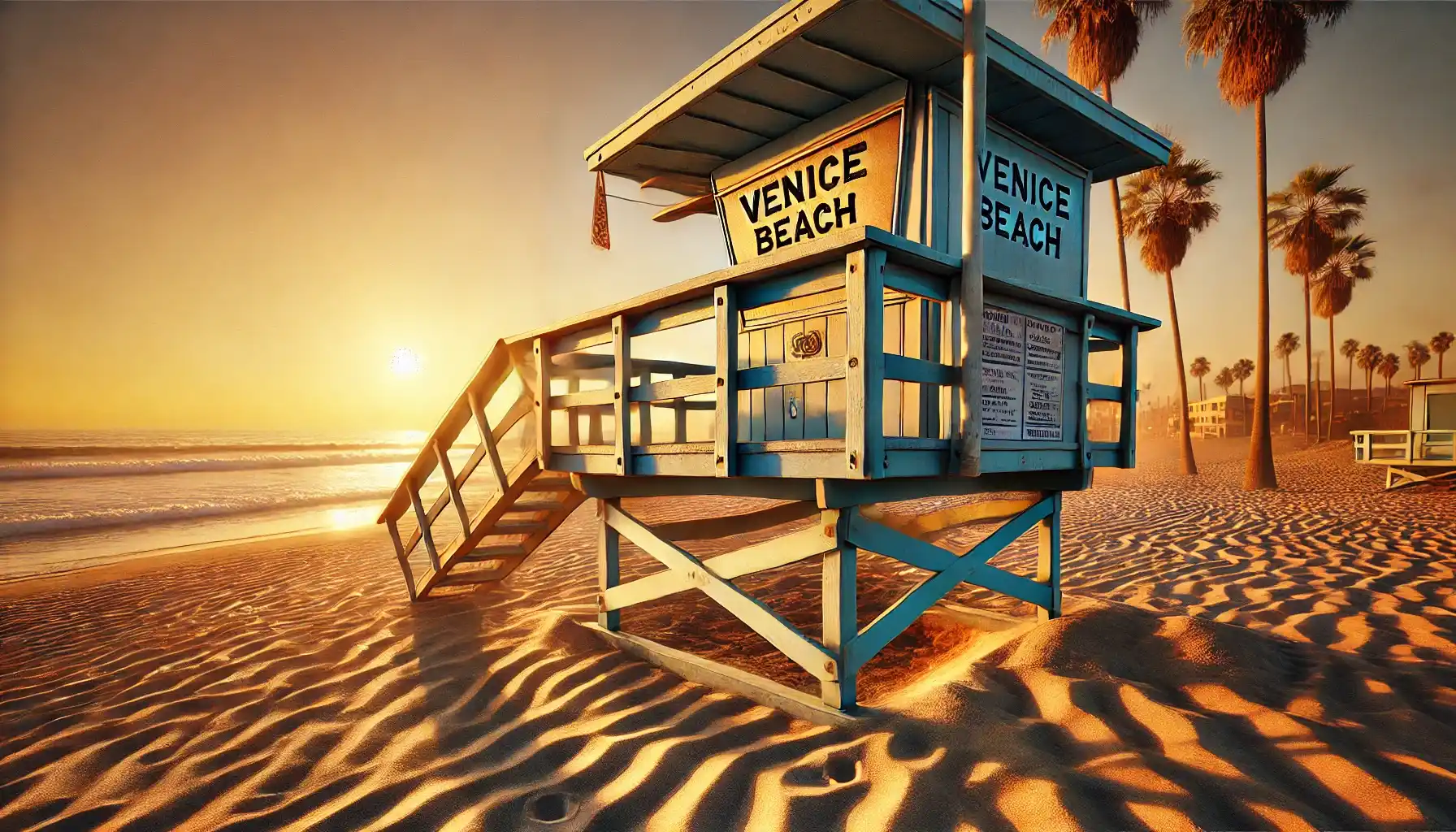 A picture of Venice Beach at sunset, featuring a lifeguard tower with intricate wood textures, vibrant paint, and a serene backdrop of textured sand, palm trees, and shimmering ocean waves under golden hour light.