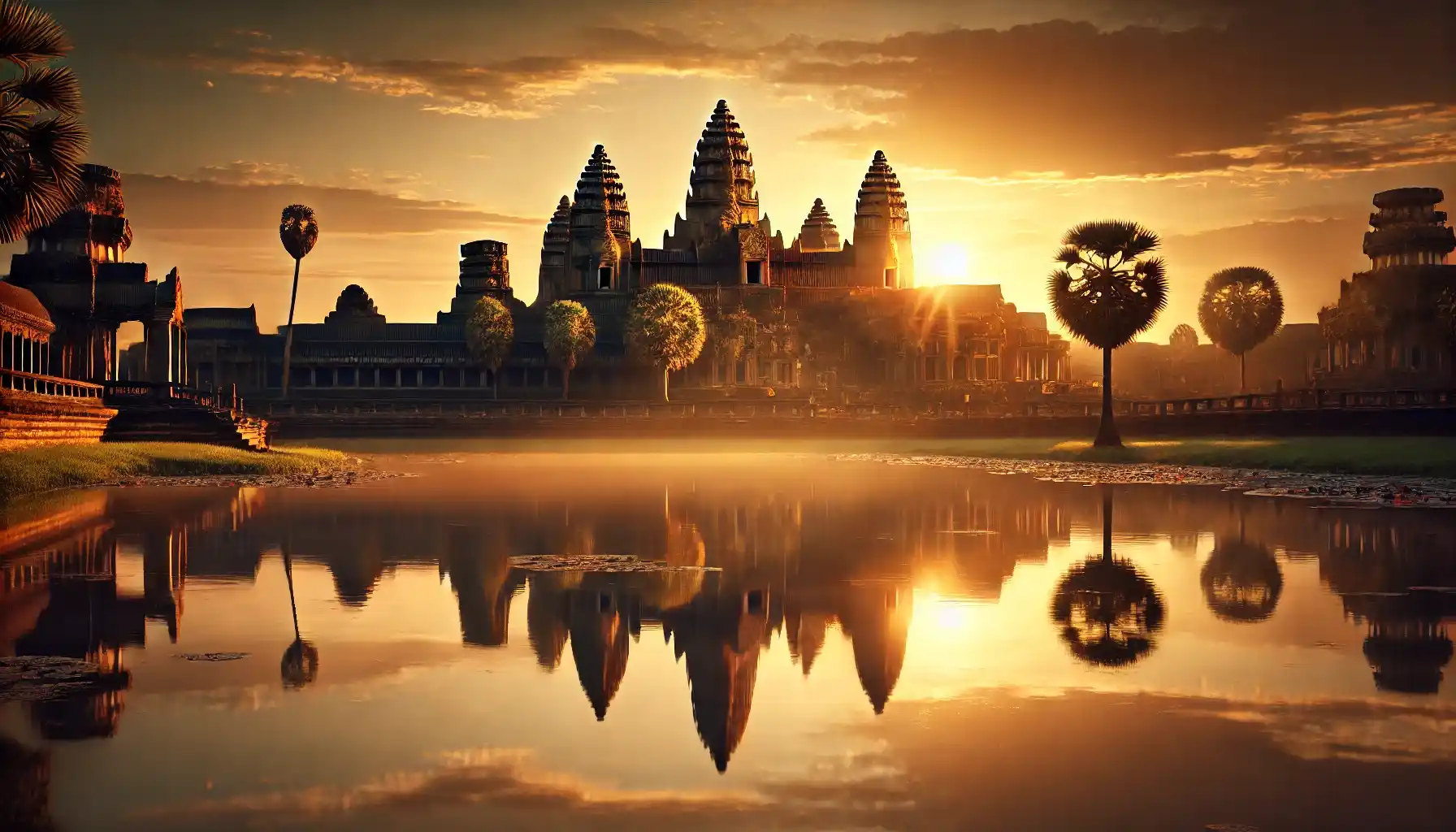 a tranquil morning scene at Angkor Wat, Cambodia, capturing the sunrise casting a golden glow over the ancient temple.