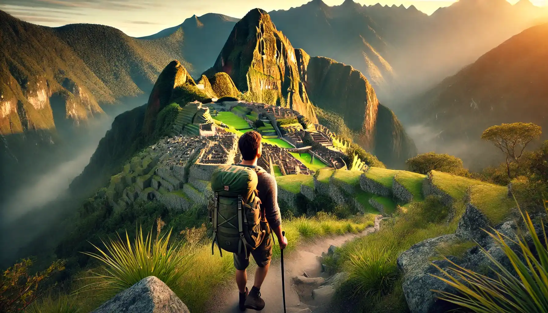an adventurer hiking the Inca Trail with a stunning view of Machu Picchu in the background at dawn.