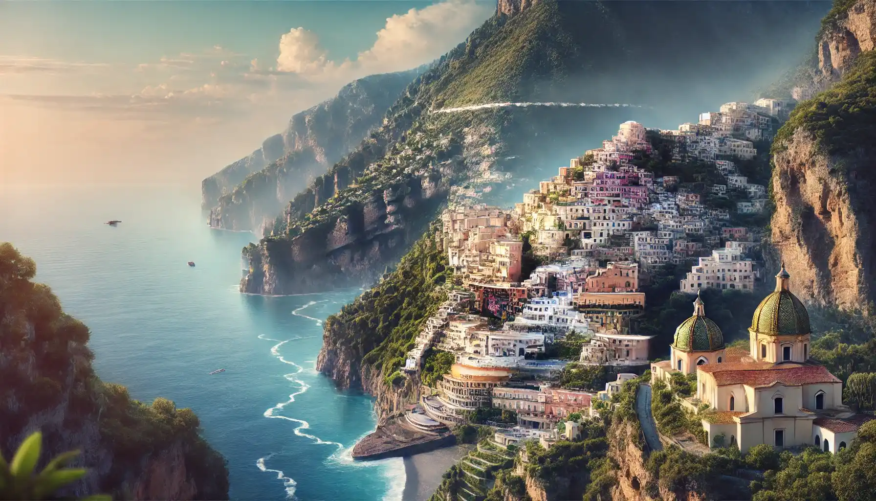 the stunning and dramatic coastline of the Amalfi Coast, featuring vertiginous cliffs that meet the deep blue Mediterranean Sea, pastel-colored villages perched on the cliffs, and lush terraced vineyards.
