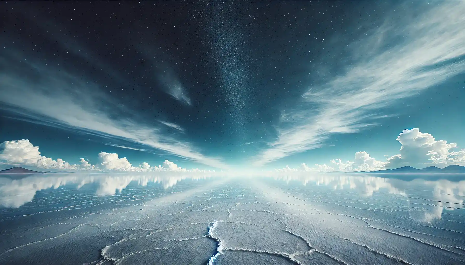 the expansive Salar de Uyuni in Bolivia during the wet season, showing the vast salt flat covered with a thin layer of water that perfectly reflects the sky above, creating an illusion of infinity.