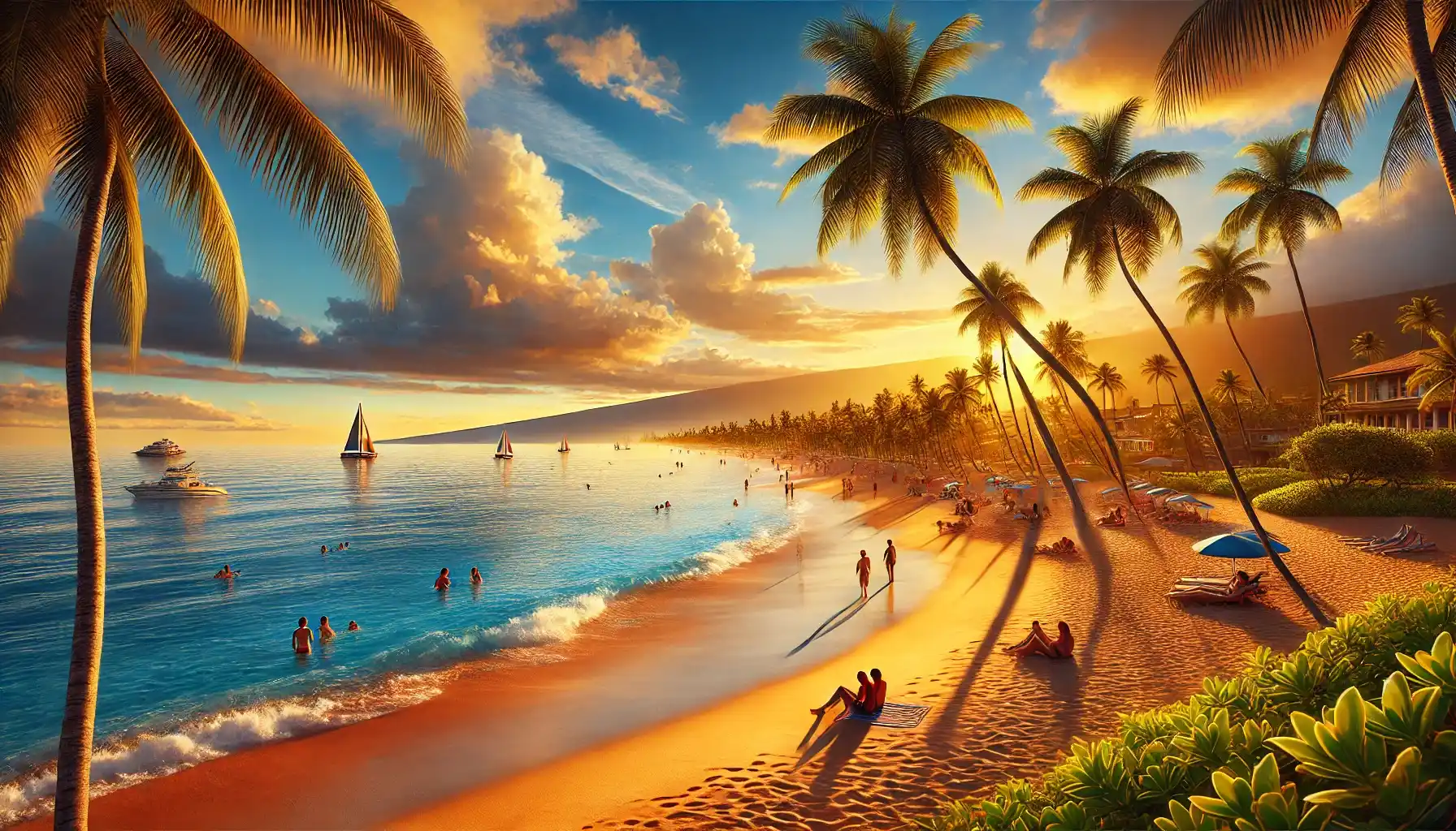 a serene beach scene in Maui, Hawaii. The image should capture the golden sands of Kaanapali Beach with crystal-clear waters and a vivid sunset in the background.