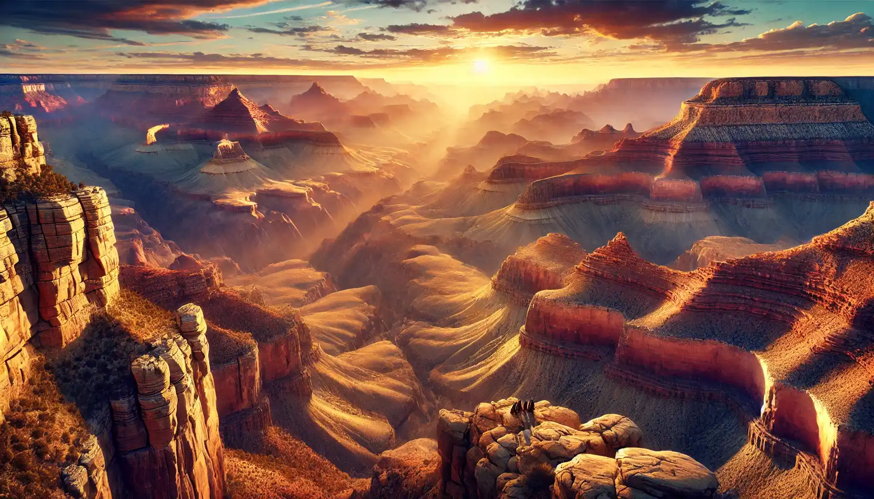 the Grand Canyon at sunset, capturing the expansive view and intricate geological layers.