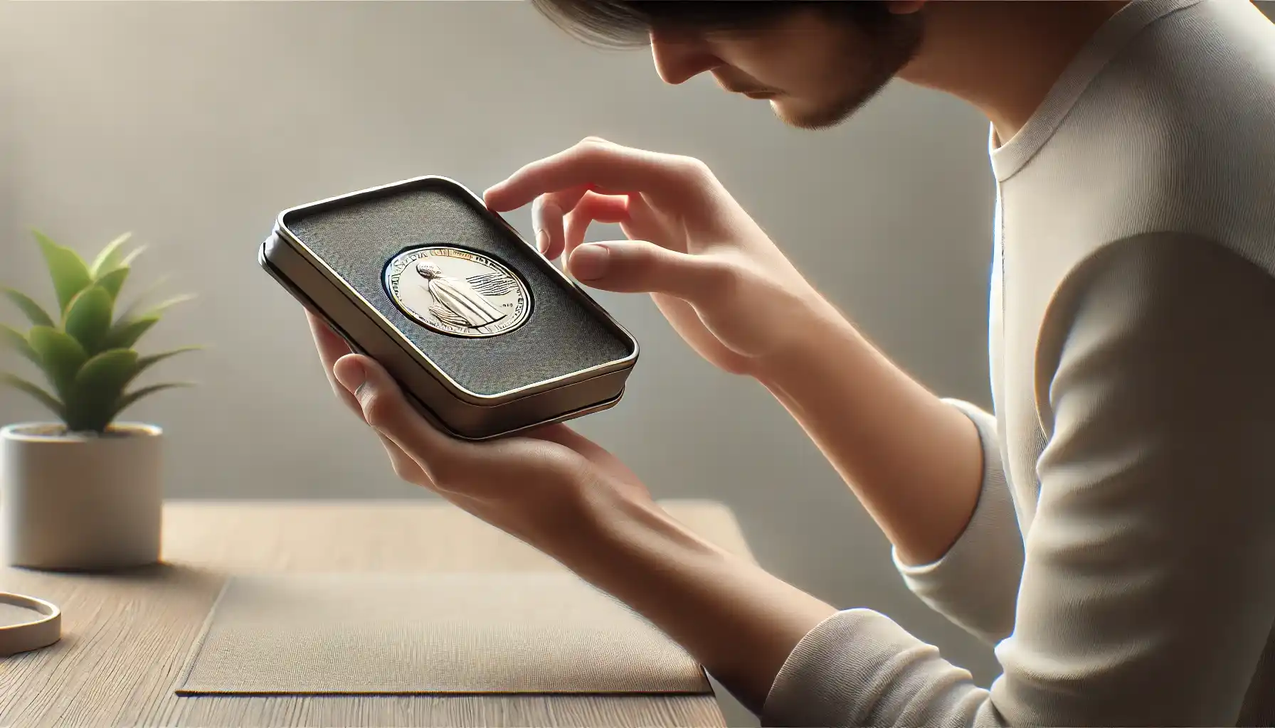 A man carefully examines a commemorative coin bought after a visit to the mint.