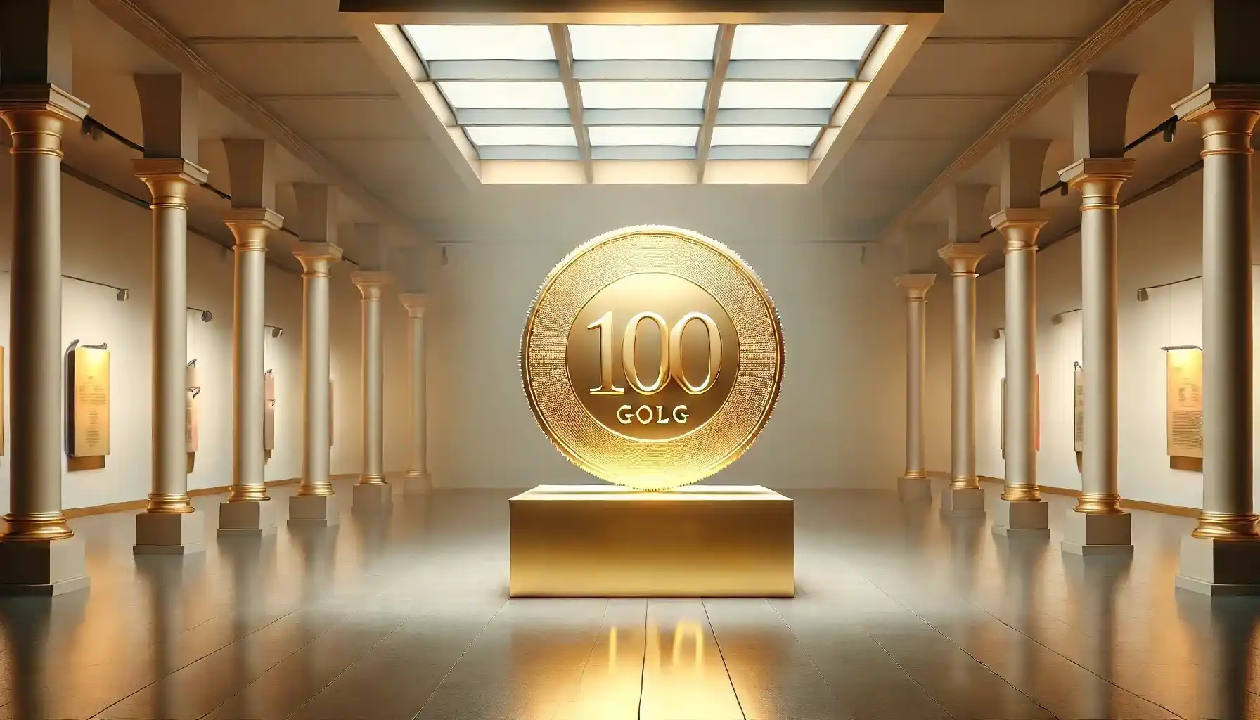 A grand exhibition hall of the museum displaying a massive 100 kg gold coin.